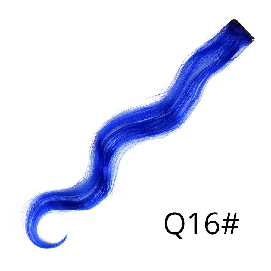 A long, vibrant royal blue synthetic hair extension strand shown diagonally.
