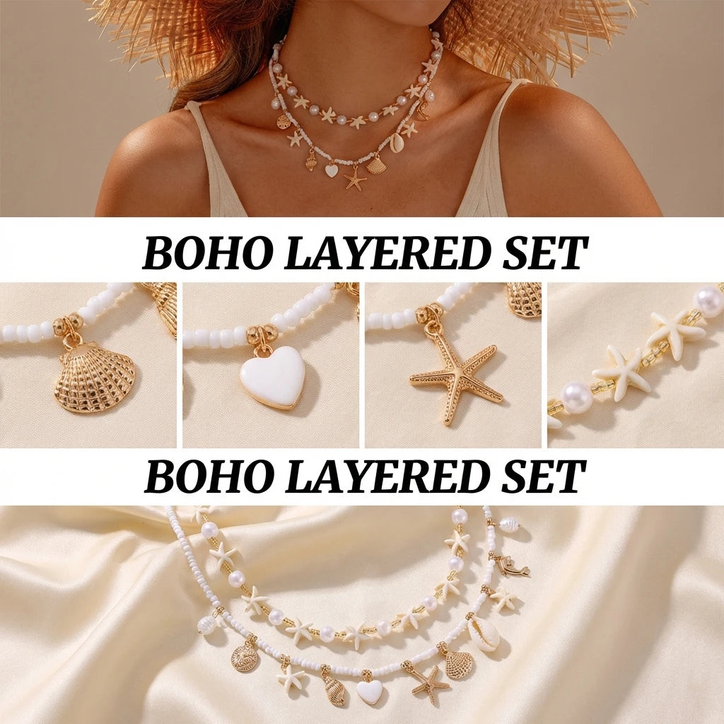 A set of layered boho necklaces featuring gold and pearl accents, including a shell, heart, starfish, and floral chain.