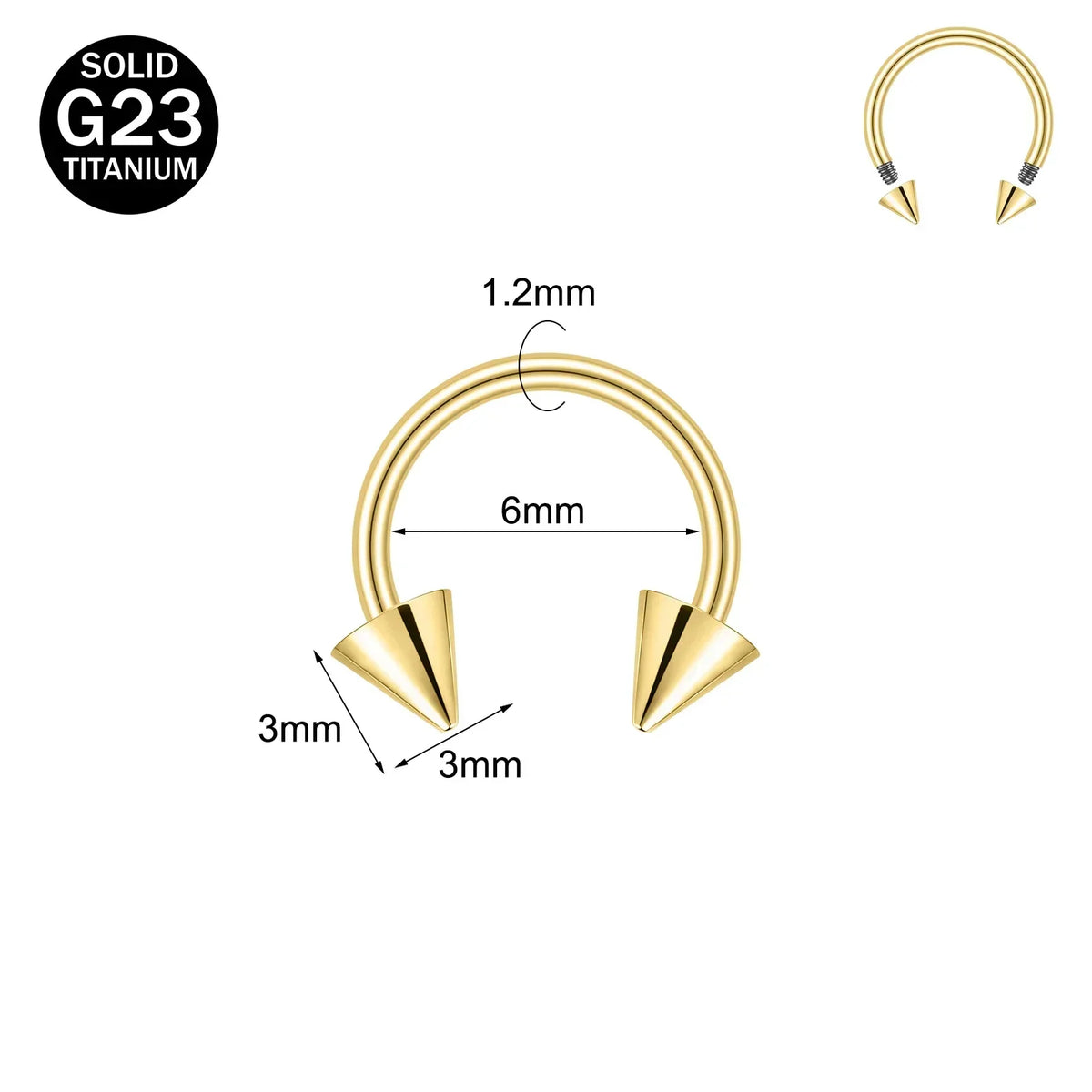 Gold-toned titanium nose ring with a curved hoop and pointed stud ends.
