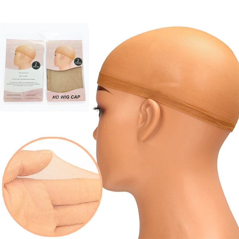 A close-up of a tan invisible sheer wig cap being worn on a mannequin head.
