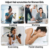 A collage showing women adjusting hair scrunchies for girls, cooking, working, exercising, and facial cleaning.