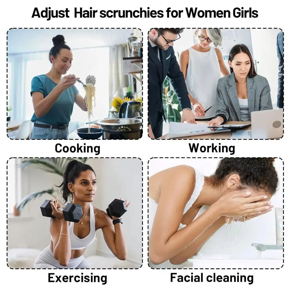A collage showing women adjusting hair scrunchies for girls, cooking, working, exercising, and facial cleaning.