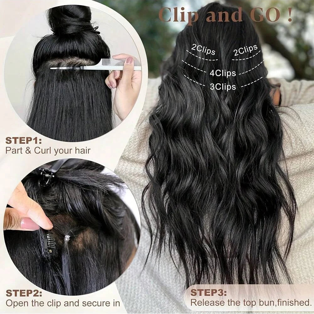 Instrucciones para usar las extensiones de cabello clip-in, mostrando cómo repartir, rizar, abrir el clip y asegurar el moño 