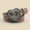 A brown leather belt with a heart-shaped silver embossed buckle and floral pattern.
