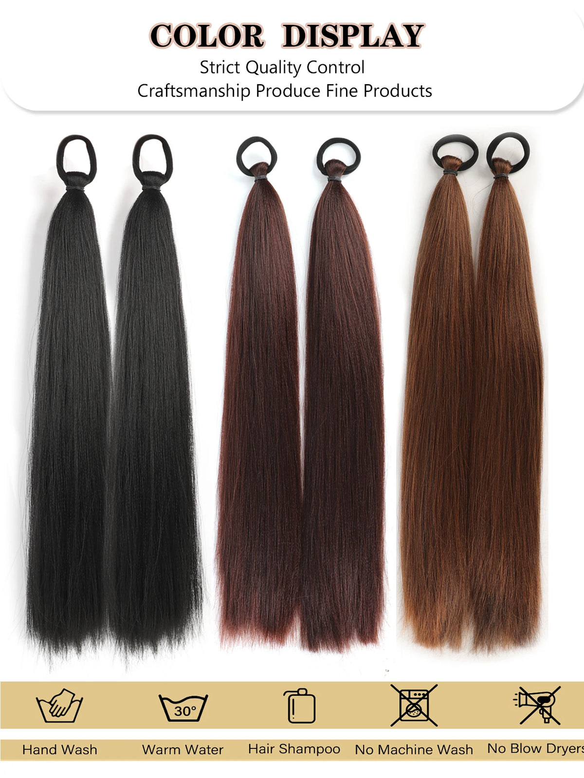 A display of synthetic long straight hair extensions in various shades of black, brown, and auburn.