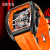 An orange and black watch with a transparent case showing internal mechanisms is displayed against a dark background.
