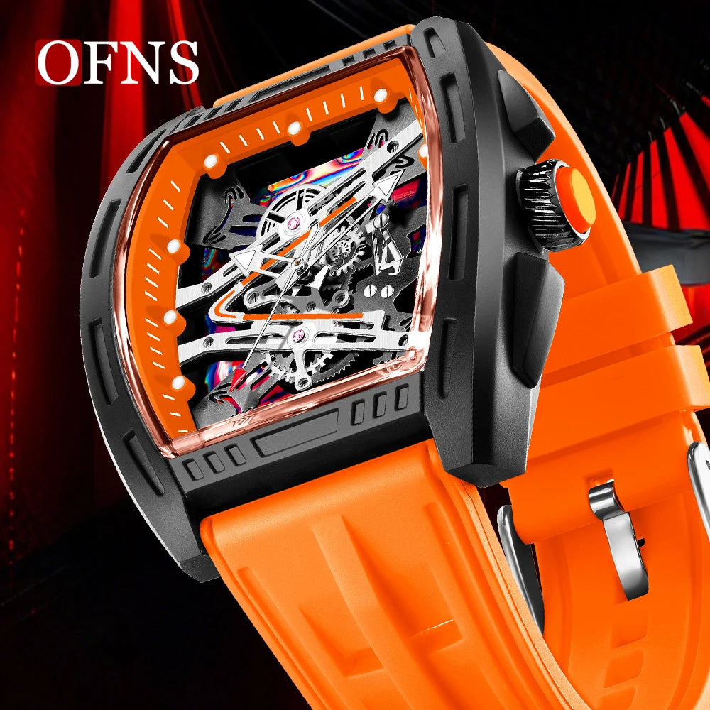 An orange and black watch with a transparent case showing internal mechanisms is displayed against a dark background.
