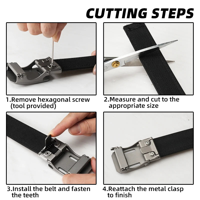 Quatre étapes montrant comment couper et installer une ceinture à crans tactique pour le port EDC et CCW