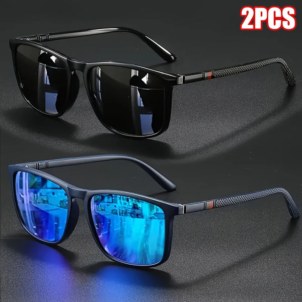 A pair of vintage square polarized cycling sunglasses with blue mirrored lenses displayed on a dark surface.