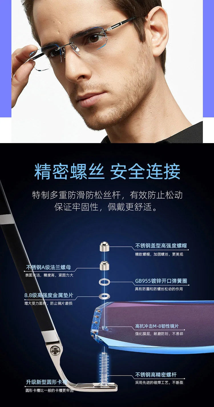 A man wearing frameless diamond cut reading glasses, highlighting features like secure connection and durability.
