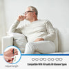 A man is adjusting the length of an anti-slip eyeglass retainer strap while sitting on a couch.