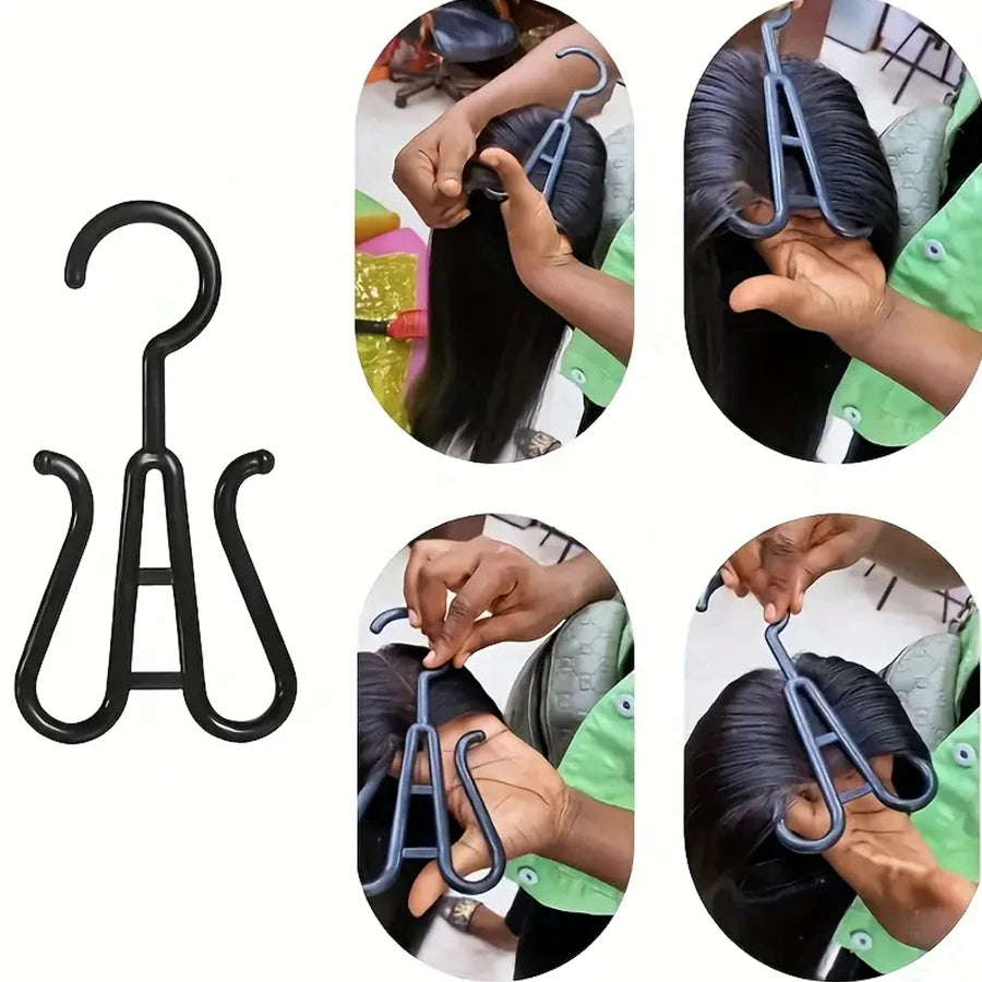 Black multi-use wig and accessory hangers shown in various usage contexts.