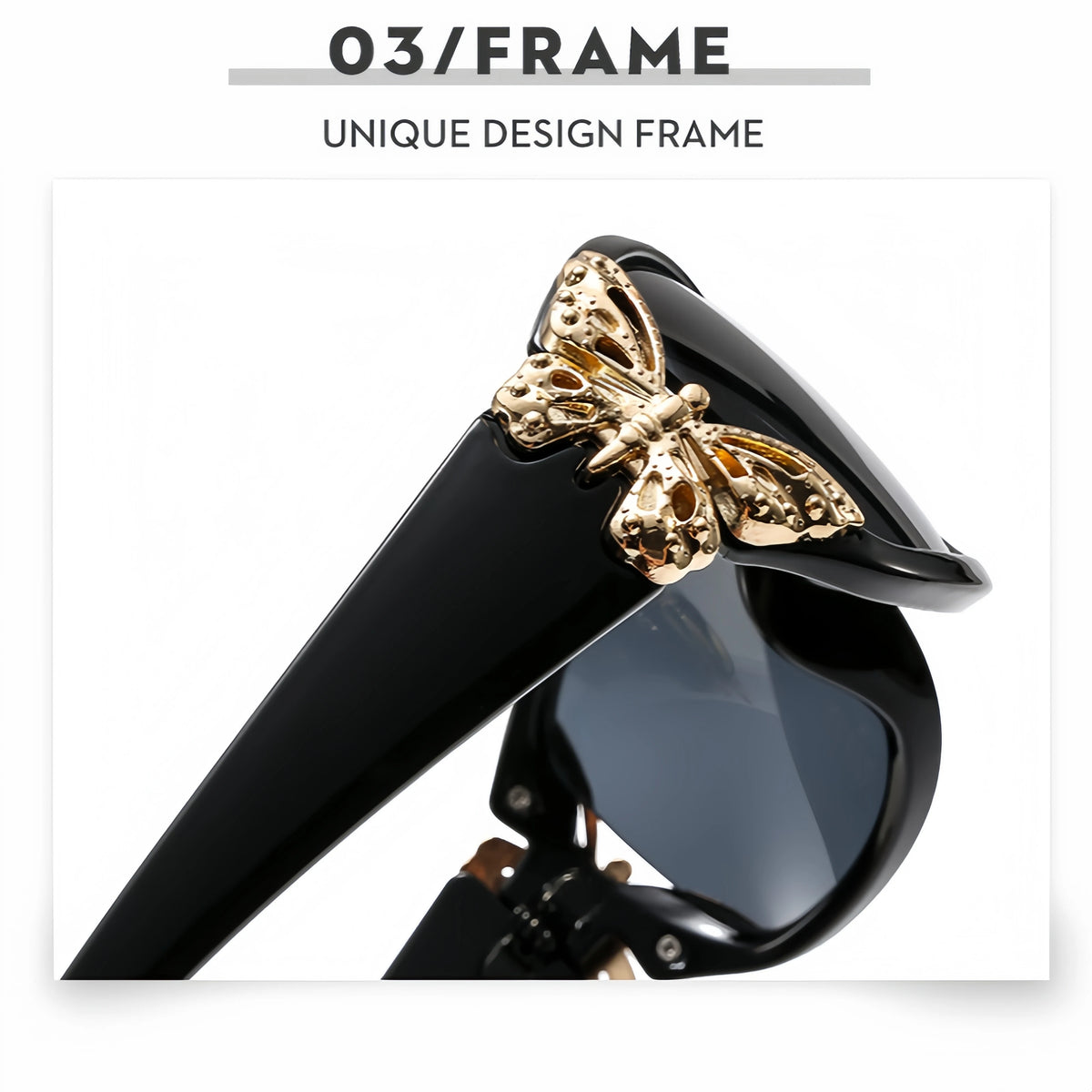 Schwarze Wrap-Around-Fashion-Sonnenbrille mit goldenem Schmetterlingsdetail