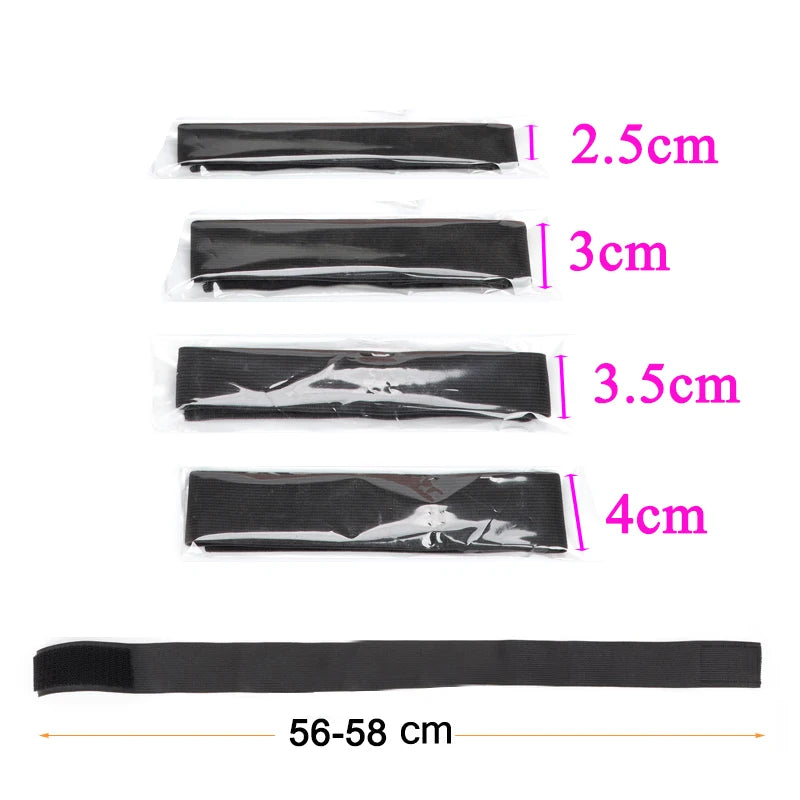 A set of black elastic wig bands for hair edges, with lengths ranging from 2.5cm to 4cm and a long band measuring 56-58 cm.