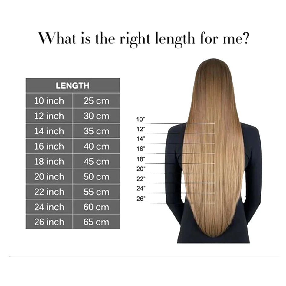 A woman with long brown hair is shown next to a chart detailing various lengths for an ultra-long straight ponytail wig.