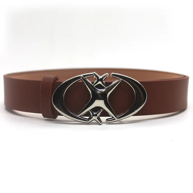 A brown leather belt with a silver gothic moon star buckle.