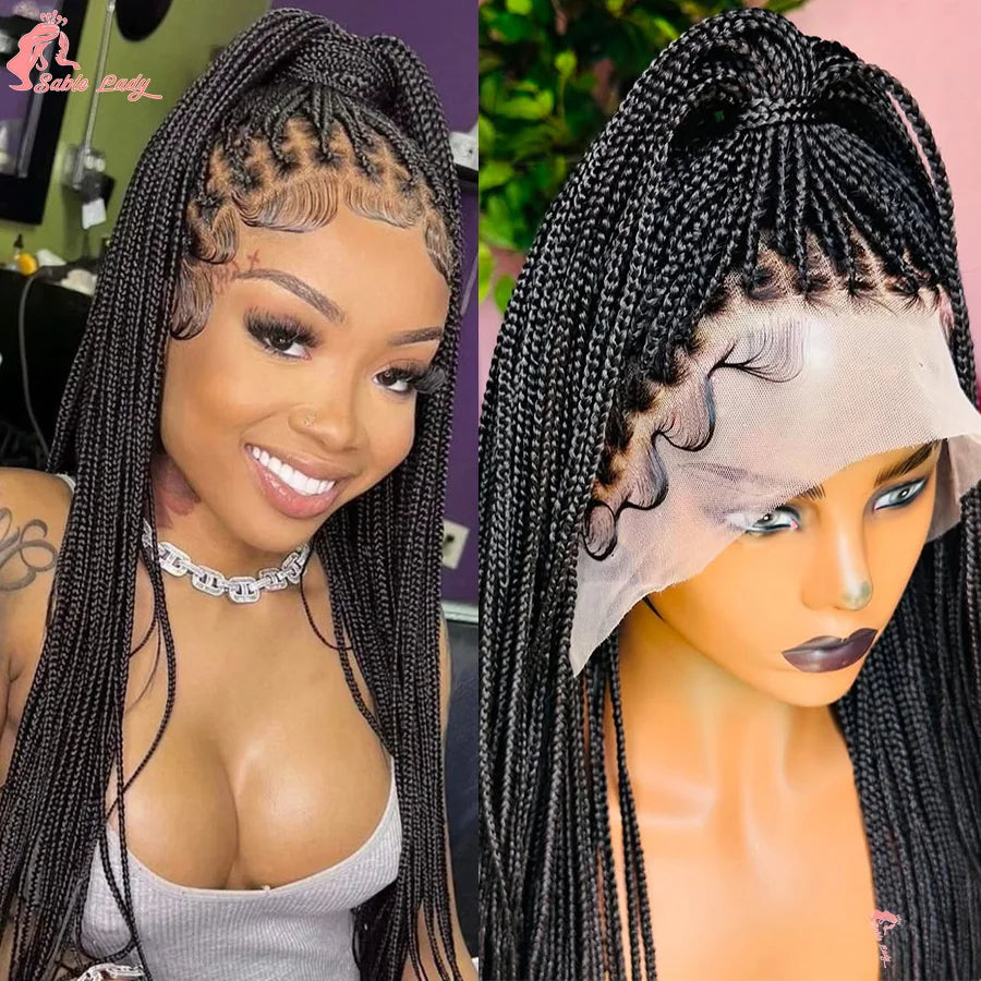 Close-up of a woman modeling a 36 inch full lace box braids wig with a sheer lace front