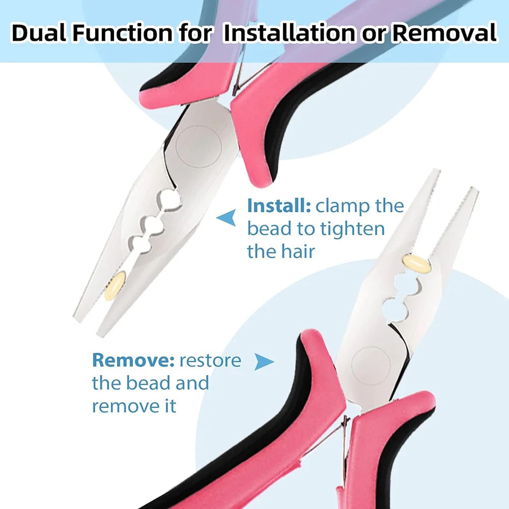 Primer plano de pinzas mini para extensiones de cabello rosadas, demostrando doble función para instalación o remoción.