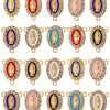 A collection of ornate gold and colored centerpiece connectors for a Virgin Mary rosary.
