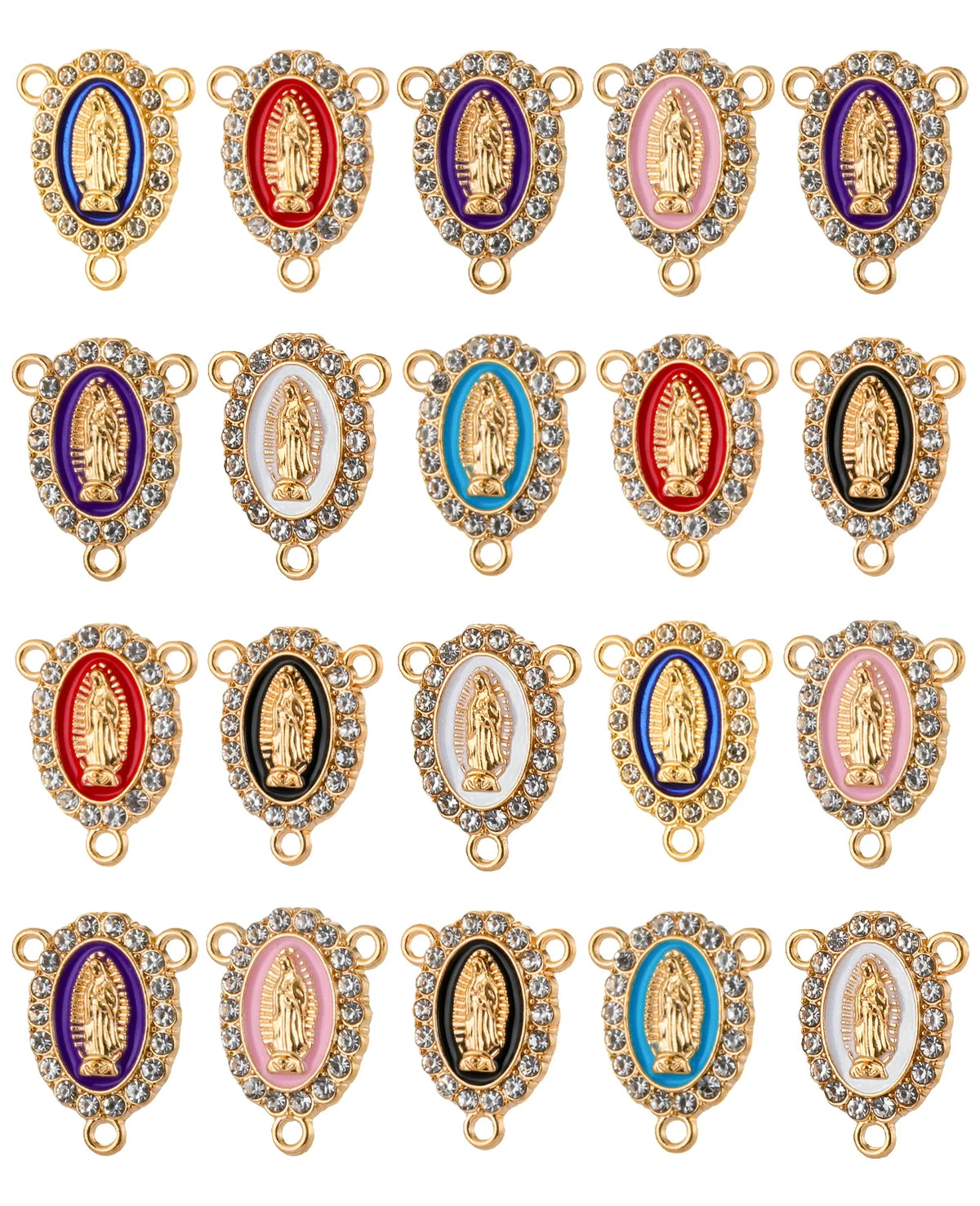 A collection of ornate gold and colored centerpiece connectors for a Virgin Mary rosary.