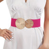 A white dress features a pink elastic waist belt with gold woven accents.