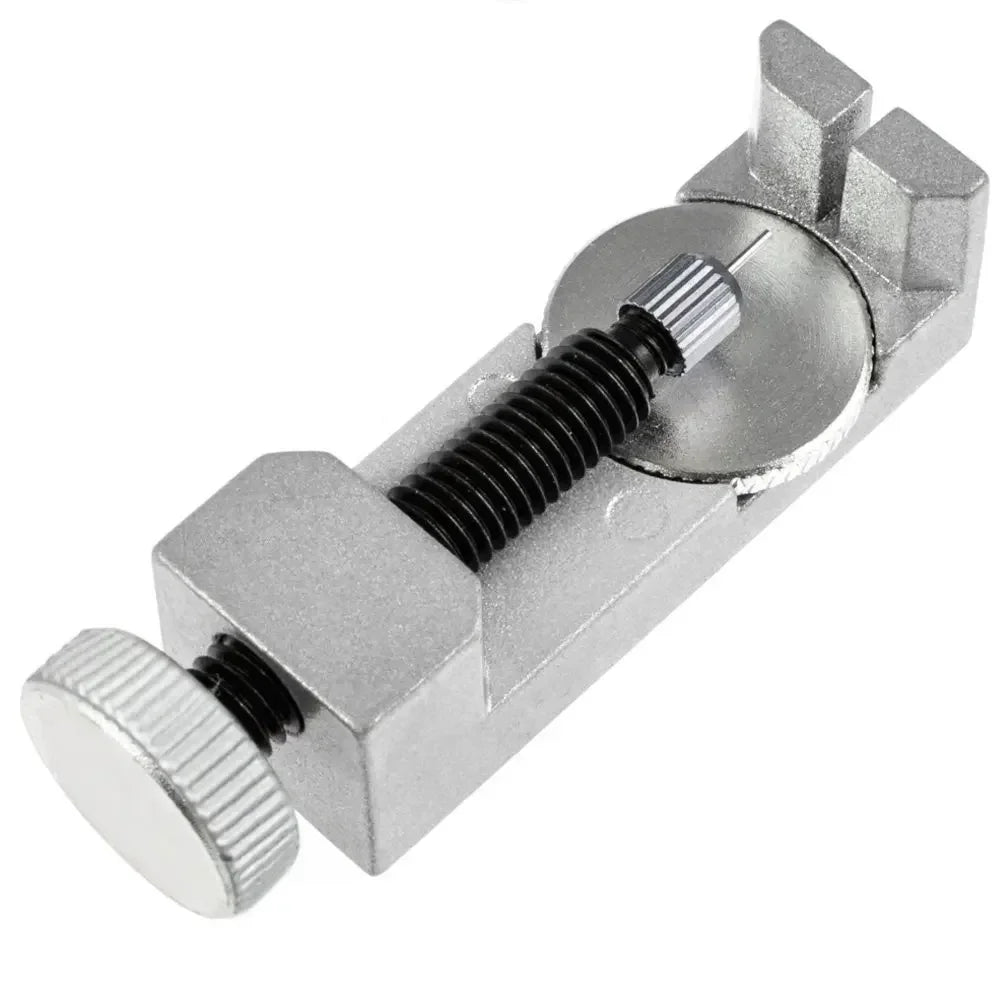 A silver precision watch link pin remover tool with a threaded shaft and a grip mechanism.