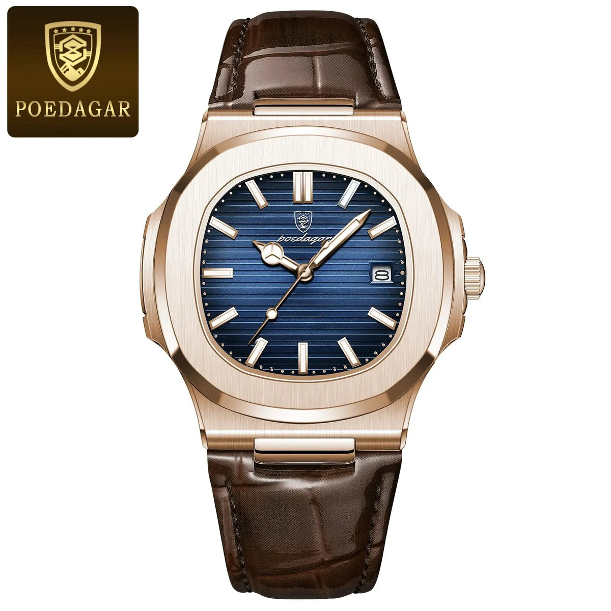 A close-up view of a rose gold leather strap watch with a blue dial and silver hands.