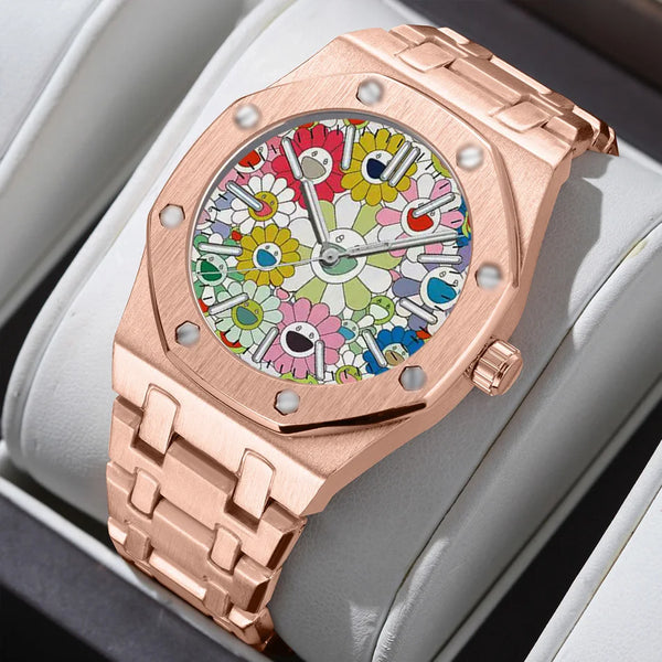 A rose gold retro luminous quartz wristwatch with a colorful dial and textured band.