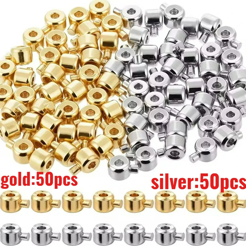 A collection of gold and silver jewelry findings stoppers or spacers for connectors.