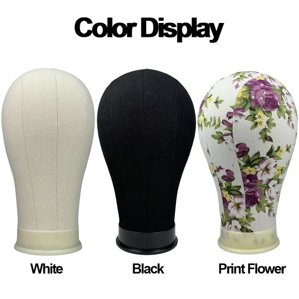 Three canvas wig display heads in white, black, and print flower patterns shown side by side.