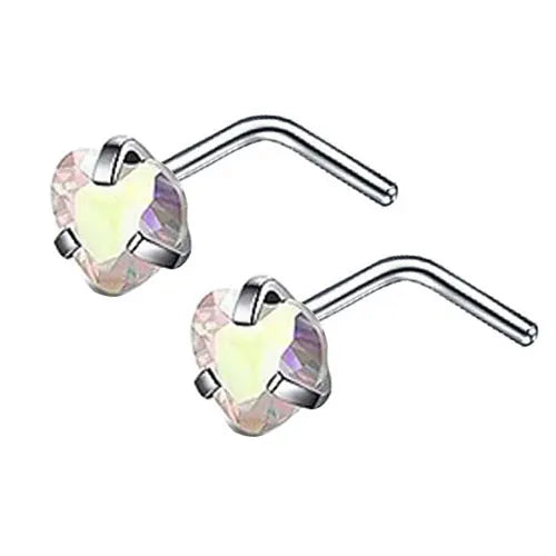 Par de pendientes en forma de L de acero inoxidable con piedras claras y púrpuras iridiscentes en forma de corazón