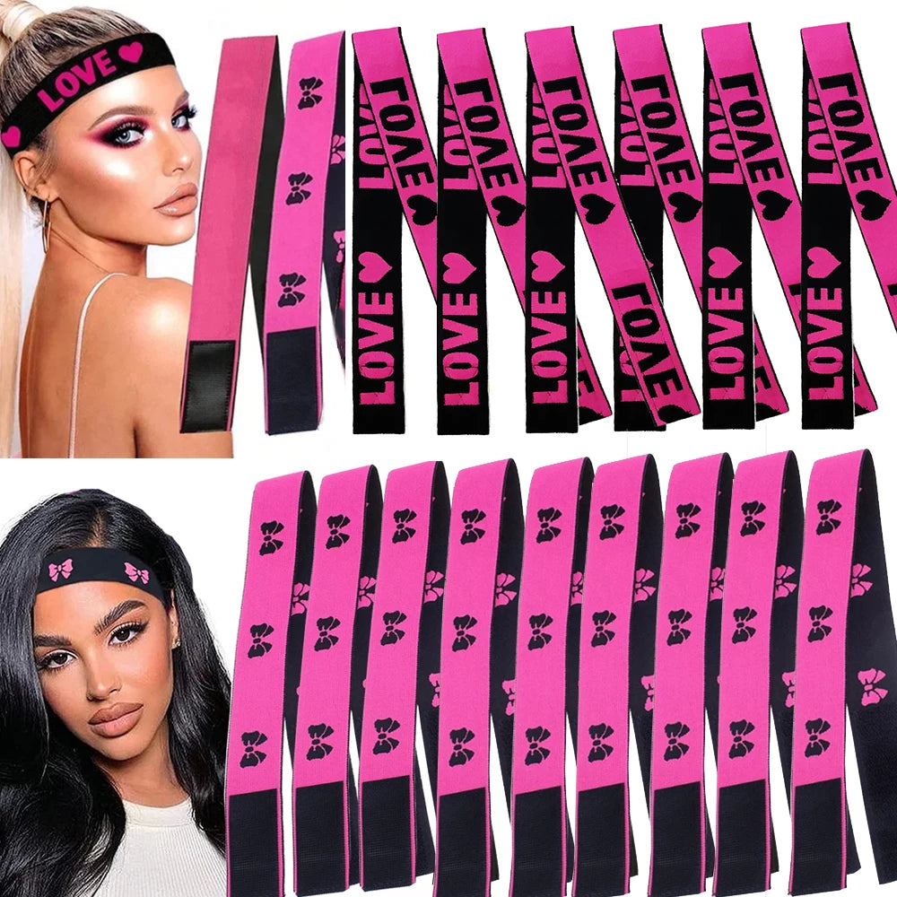 A set of pink and black adjustable elastic bands for wig edges shown next to a model's face.