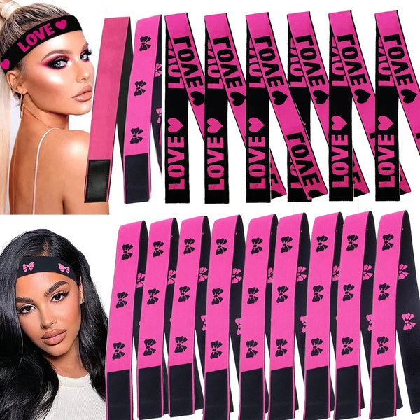 A set of pink and black adjustable elastic bands for wig edges shown next to a model's face.
