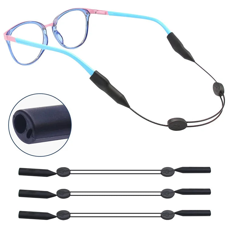 Lanyard y correa de gafas de silicona ajustable con marcos rosa y azul y cordón negro