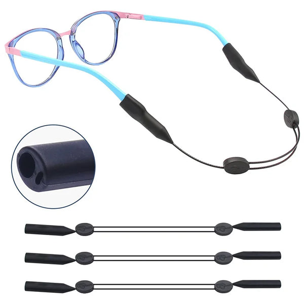 Adjustable silicone glasses lanyard and strap with pink and blue frames and black cord