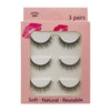 A box of 3 pairs of soft natural reusable mink strip eyelashes with a pink background.