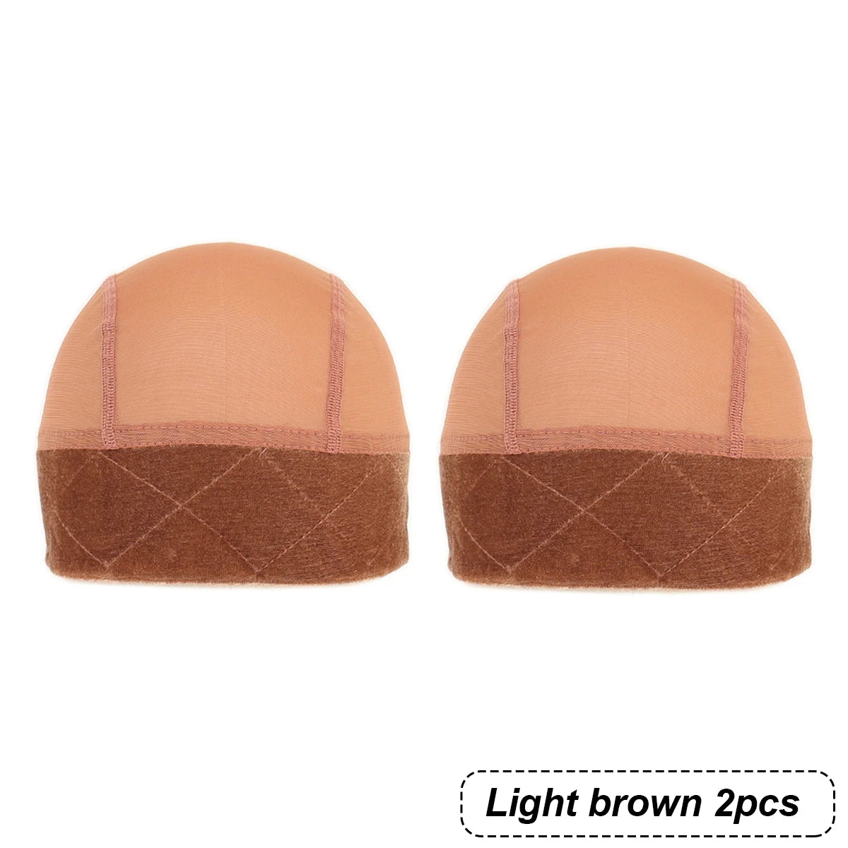 Two light brown velvet wig grip caps shown side by side.