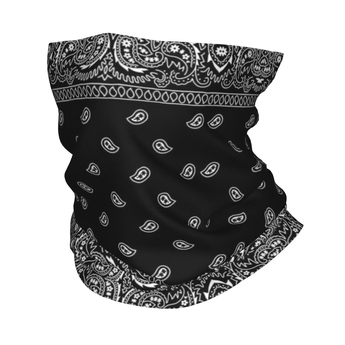 Bandana de cuello estilo chicano con estampado paisley negro y patrones blancos