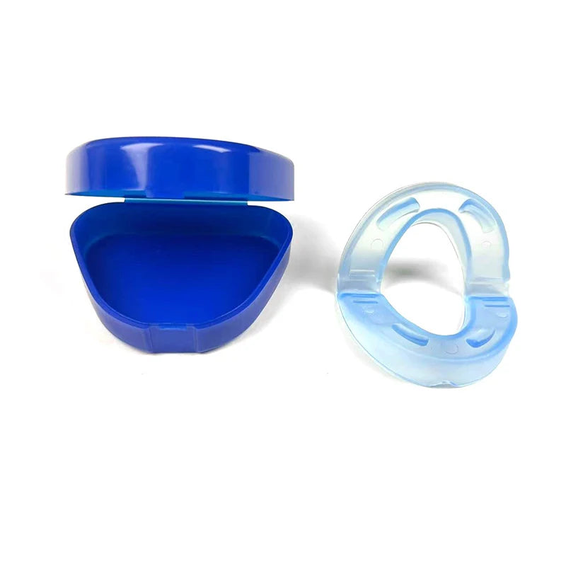 A blue double-layer dental brace and a clear silicone mouthguard are shown on a white background.