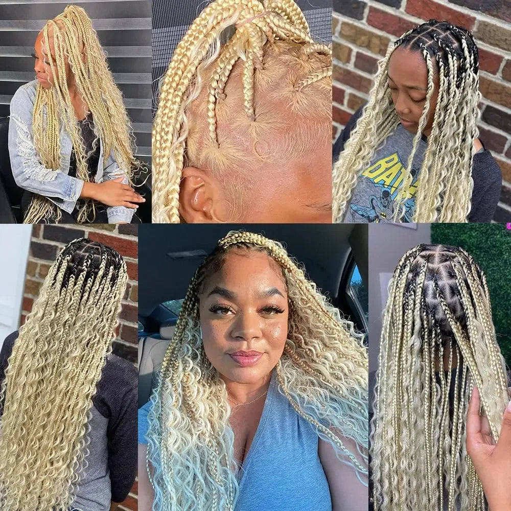 A collage showing various styles of braided extensions in blonde and light brown hair.