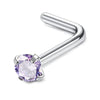 Silver surgical stainless steel nose piercing stud with a purple gemstone.