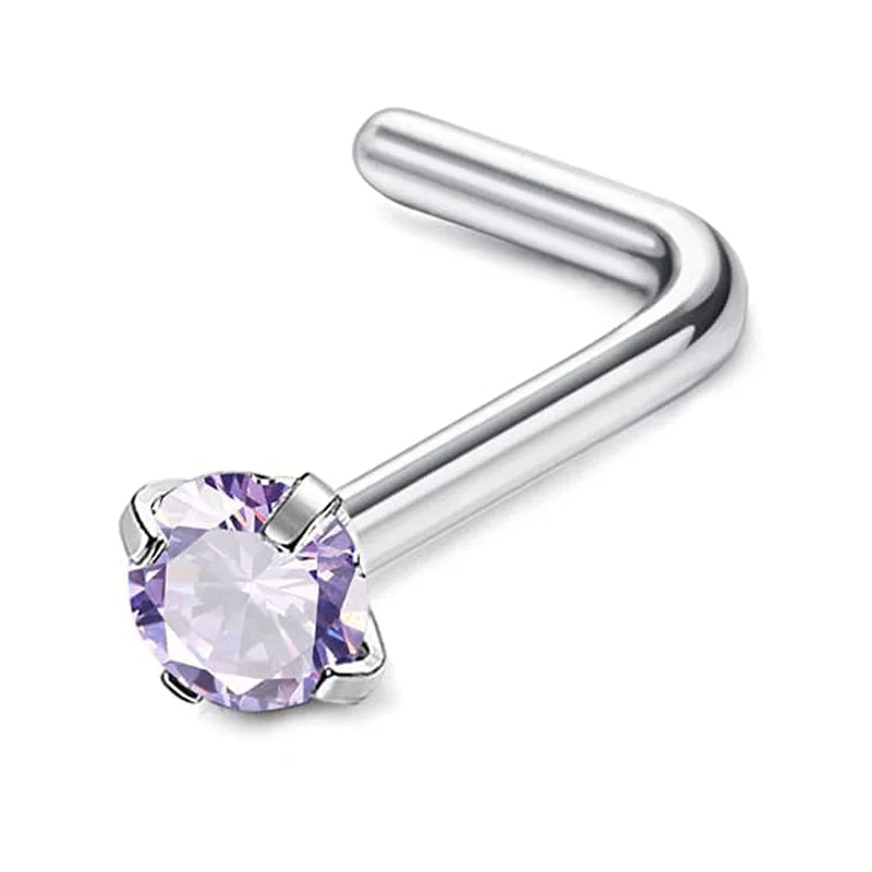 Silver surgical stainless steel nose piercing stud with a purple gemstone.