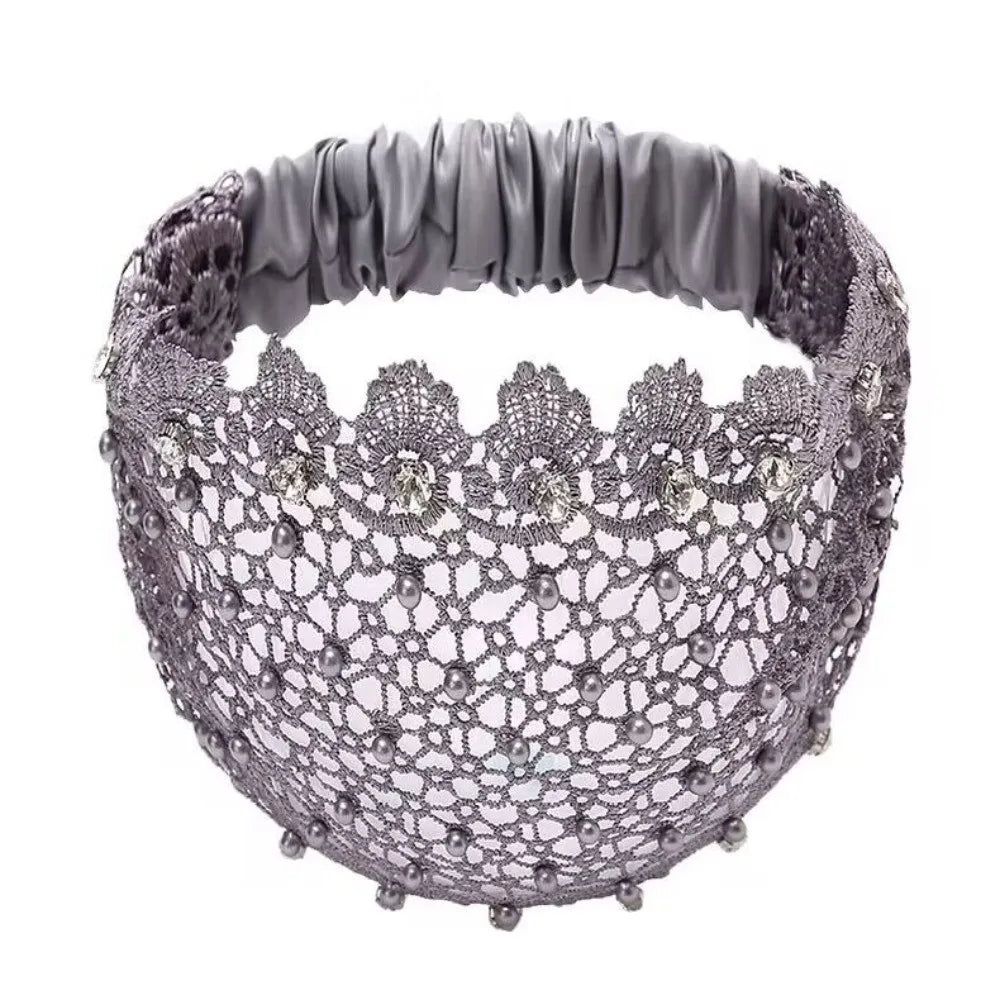 Silver crystal pearl floral beaded headband with a ruffled band