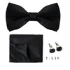 Black bow tie and cufflinks set displayed on a white background.