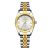 A silver and gold luxury quartz wristwatch with a metal bracelet and a round face.