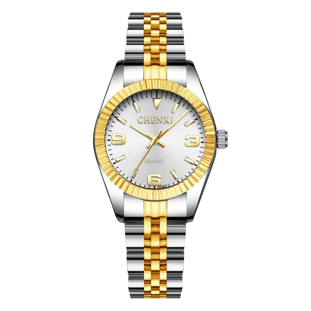 A silver and gold luxury quartz wristwatch with a metal bracelet and a round face.