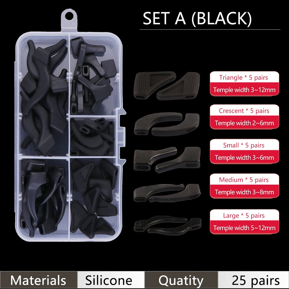 Set A black silicone ear grip hooks for glasses and sunglasses in various sizes
