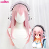 A long pink ombre cosplay wig with a headband displayed on a white mannequin.