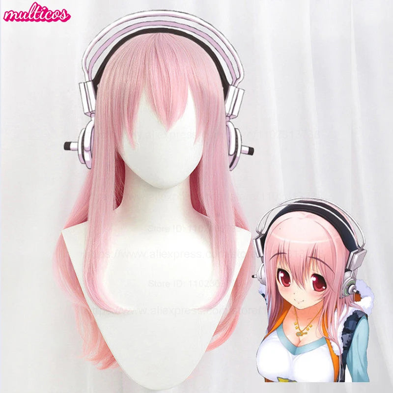 A long pink ombre cosplay wig with a headband displayed on a white mannequin.