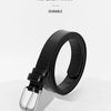 Black PU strap waist belt with a silver buckle shown on a white surface.